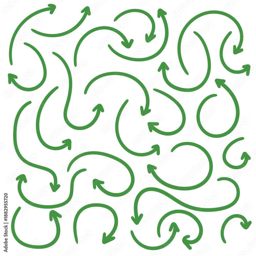 Fototapeta premium Hand-drawn doodle set of green arrows on a white background.