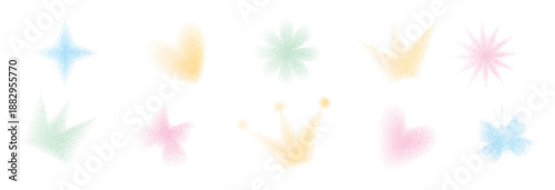 Noise grain gradient shapes. Pastel tone gradation illustration butterfly, heart, crown and flowers. Vector simple forms. Twinkle star and blink pink, yellow, green and blue dots effect.