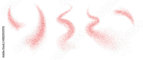 Noise red gradients chili peppers fly curved shapes set. Grainy texture paprika splash wavy long textured elements. Red masala dotwork seed forms. Vector gritty wavy lines. Grunge cooking figures.