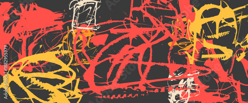 Black, red and yellow doodle lines ink brush background. Dynamic sport messy urban street background with grunge texture, abstract scribble. Backdrop with paint spot, halftone splashes. Vector bg.