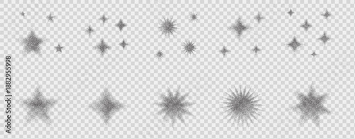 Stars gradient spray black effects, dotted halftone grainy noise spark texture with stipple details and shimmering elements. Vector dotworks grit shapes illustration set isolated on transparent bg.