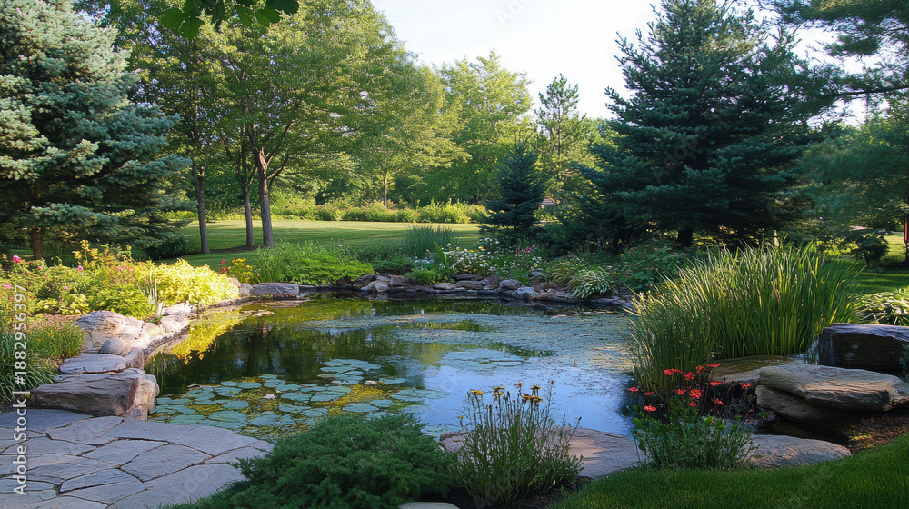 Fototapeta premium Tranquil garden pond with lush greenery and stone path in summer morning light