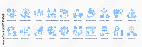 Business Opportunities icon set blue. Containing Productivity, Risk Management, Upselling, Competitive Analysis, Monetization, Trade Secret, Venture Capital, Customer Service and Technology icon.