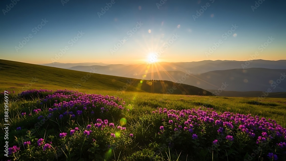Obraz premium Serene mountain sunset with vibrant wildflowers in bloom