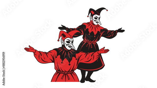Two Harlequin Figures in Red and Black Costumes with Masks.
