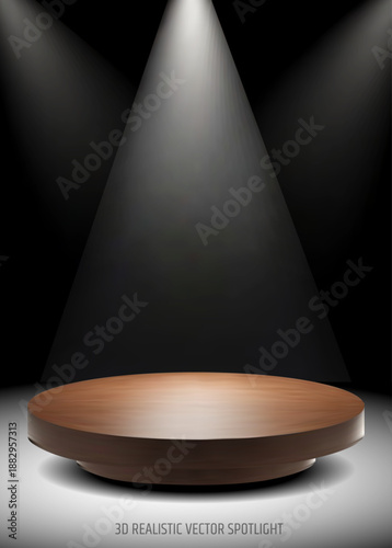 Vector illustration Minimal 3D of wooden podium under soft spotlight on dark background, product, display, mockup, presentation, branding, showcase, stage, lighting, minimal, modern, display, platform