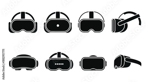 A collection of black virtual reality headset icons on a white background