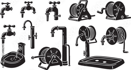 Plumbing tools and equipment illustrations in black