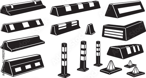 Road construction barriers and traffic cones illustration set