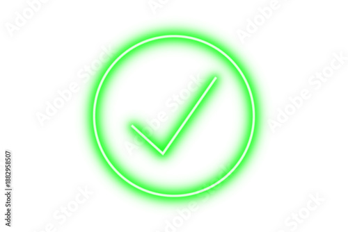 Green neon glowing checkmark in circle verified icon isolated on transparent background. Shining neon glow effect tick mark, yes icon, correct symbol, approved sign for design. Vector illustration.