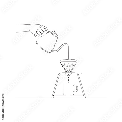 Continuous line drawing of hand pouring water from kettle into coffee dripper. Minimalist vector illustration of manual brewing process.
