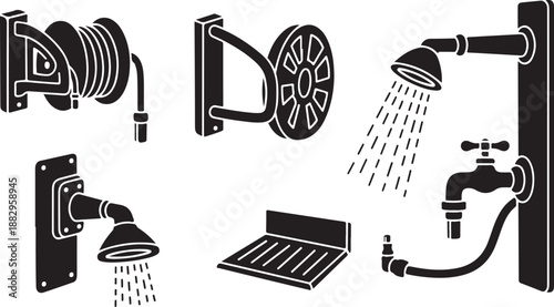 Black and white shower head icons and hose