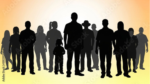 Diverse group of people standing together in silhouette.