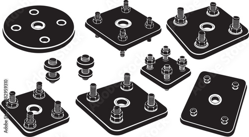 Black metal mounting plates and screws hardware set assembly