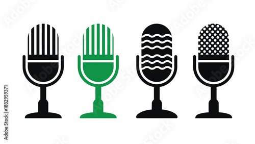Four different microphones with unique designs on a white background for podcasting or music