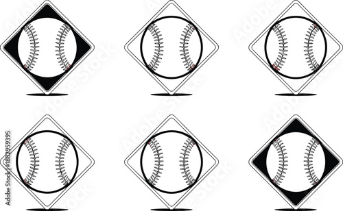 Five baseballs in diamond shapes with black borders on white background