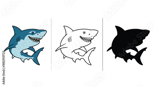 A colorful illustration of a shark in different styles and colors on a white background