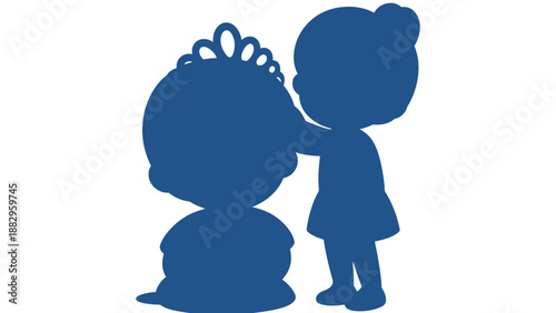 A blue silhouette of a little girl kissing a seated princess figurine.