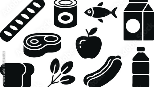 A collection of black and white food icons on a clean white background