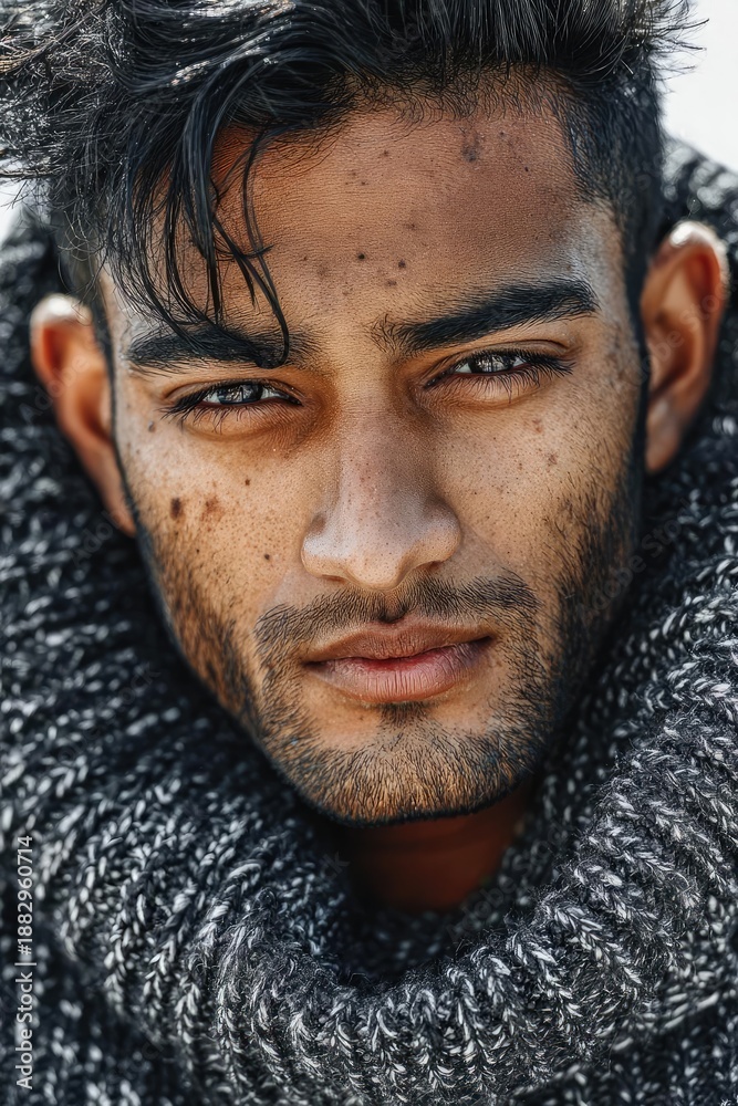 Obraz premium Close-up portrait of a young man with dark hair and stubble, wrapped in a chunky gray knit scarf, gazing into the camera. Concept Close-up portrait, Dark hair and stubble, Chunky gray knit scarf