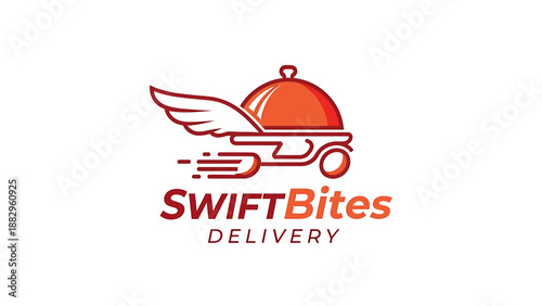 Modern food delivery service logo featuring a winged cloche design with swift motion elements, symbolizing fast and efficient meal transportation for quick culinary experiences