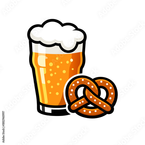 Beer Glass with Pretzel Snack Flat Vector Illustration