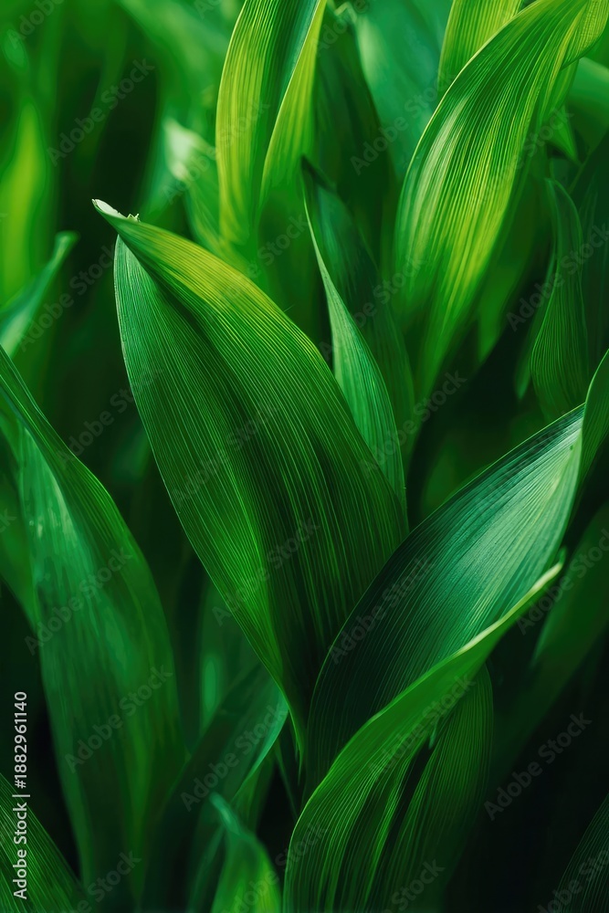 Obraz premium Close-up of vivid green plant leaves with long parallel veins. Concept Macro Plant Photography, Green Leaves Close-Up, Parallel Vein Detail, Botanical Textures