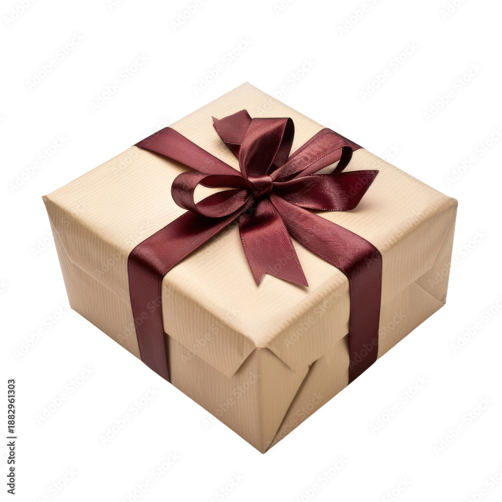 Obraz premium Beige gift box wrapped with burgundy ribbon and bow isolated on Transparent Background