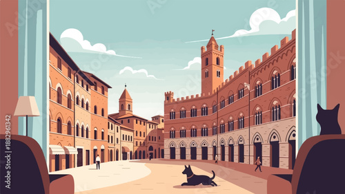 Pixel art view of an Italian plaza with cats and a dog