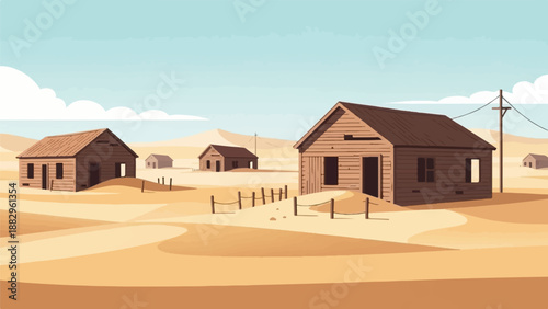 Pixelated abandoned wooden structures in a vast, dry desert landscape under a pale sky