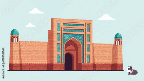 Pixelated ancient brick structure with turquoise dome towers and a small animal