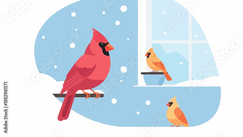 Red and tan birds perch on branches and windowsill in a winter wonderland
