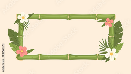 Rectangular frame formed by green bamboo stalks with tropical leaves and flowers