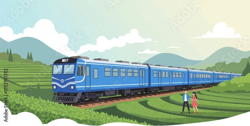 Pixelated blue train traveling through lush green terraced hills under a cloudy sky