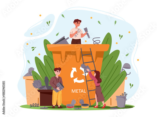 People sorting and placing metal waste into a large recycle bin labeled for metal, cartoon style, white background, concept of environmental awareness. Vector illustration