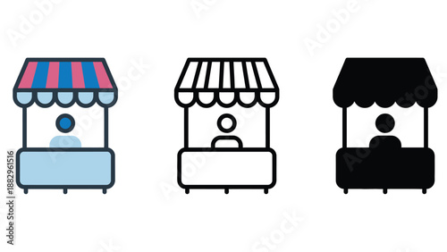 Three different colored market stall icons on a white background for design use