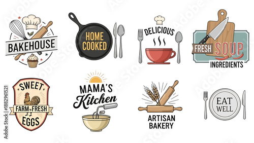 Charming collection of culinary and baking logos, featuring essential kitchen tools like whisks, rolling pins, and frying pans, perfect for food businesses and home cooking themes
