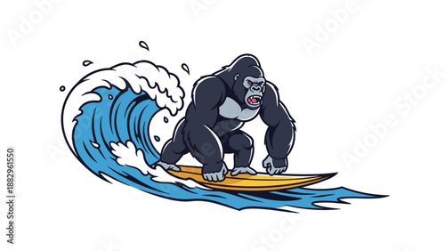 Strong gorilla riding a yellow surfboard on a massive blue ocean wave with a determined and focused expression.
