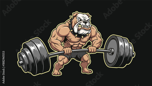 Powerful muscular bulldog character lifting a heavy barbell in a gym workout on a solid black background.