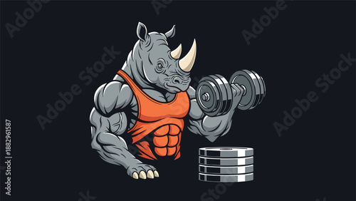 Powerful rhinoceros bodybuilder wearing a tank top and performing a dumbbell bicep curl against a black background.