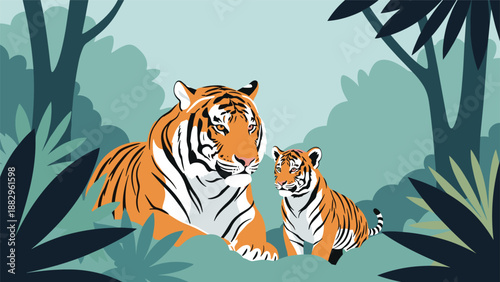 Powerful tiger mother and her cub resting amidst lush jungle greenery and trees in a colorful vector landscape illustration.