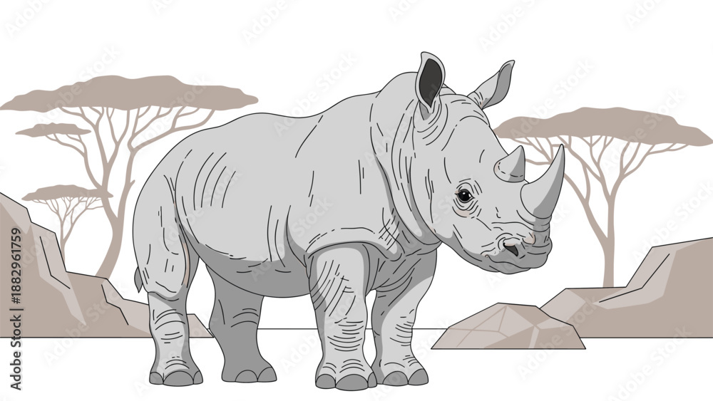 Obraz premium Large rhinoceros standing in a dry savanna landscape with acacia trees and rocky terrain in a detailed grey style.