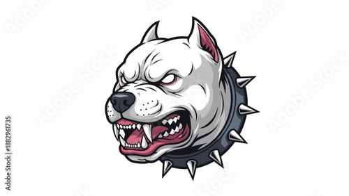 Aggressive white pitbull dog head with an angry expression wearing a spiked collar in a detailed mascot style.
