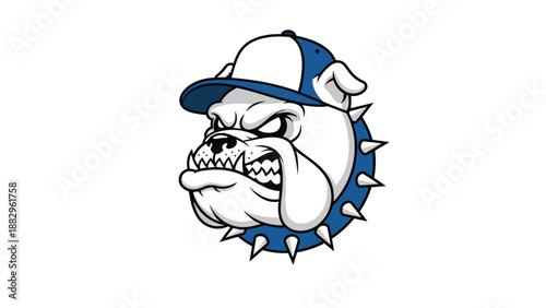 Tough bulldog head wearing a blue and white baseball cap and a spiked collar with an angry expression on white.