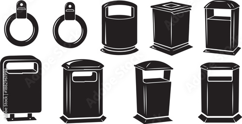 Collection of various black trash cans and bins icons