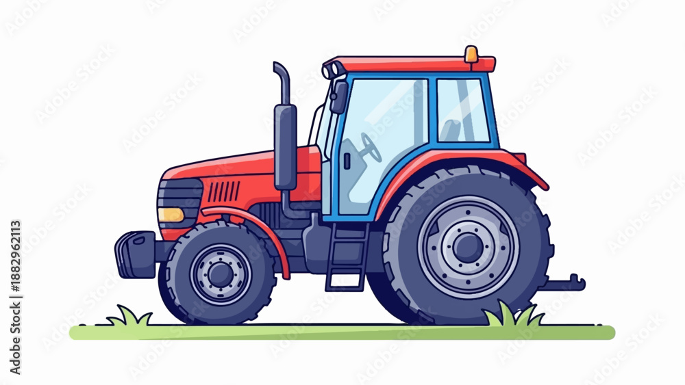 Obraz premium Red farm tractor with blue cab, large rear wheels, on green grass