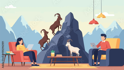 People relaxing indoors with mountain goat art and laptops