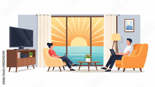People relaxing indoors with a beautiful ocean sunset view through the window