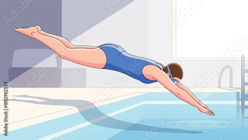 Person in a blue swimsuit diving headfirst into a pool
