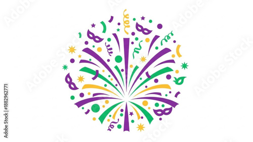 Mardi Gras Fireworks Celebration with Purple Green and Gold Confetti